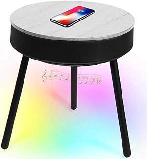 uuffoo Smart Outdoor End Table with Bluetooth Speakers, Wireless Charger, LED Accent Lights, 360 Degree Premium Sound Side Table, Grey