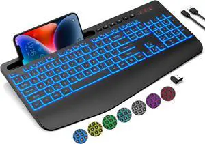 Wireless Keyboard with 7 Colored Backlits, Wrist Rest, Rechargeable Ergonomic Keyboard with Phone Holder, Silent Lighted Full Size Computer Keyboard for Windows, MacBook, PC, Laptop (Black)