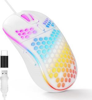 MELOGAGA Honeycomb Wired Gaming Mouse, USB/USB-C PC Game Mice with RGB Backlight, 6 Programmable Buttons, 6 Adjustable DPI Up to 7200 for Windows/PC/Mac/Laptop Gamer -White