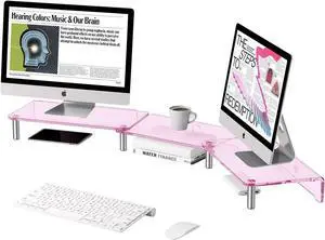 dual monitor stand riser, 3-layer pink acrylic monitor stand with anti slip pad, adjustable length and angle, suitable for 2 monitors, desktop, laptop, PC, printer, TV screen (Pink acrylic)