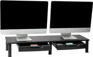 Mind Reader Dual Monitor Stand, Height Adjustable, Desktop Organizer, Laptop Riser, Office, 38.5" L x 11" W x 2.55-6.5" H, Black