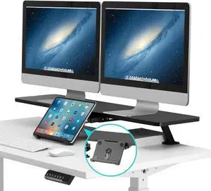 AVLT Clamp Desk Shelf Dual 32" Monitor Clamp-On Monitor Riser with Slide-Out Holder for Convertible Laptop Tablet Smartphone (Black) - Floating Monitor Stand (Clamp-On Shelf Only)