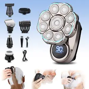 9D Electric Head Shaver for Bald Men, Upgraded 6-in-1 Head Shaver for Bald Men, Waterproof Wet/Dry Grooming Kit Electric Shaver for Men, Cordless Rechargeable Bald Head Razor for Home&Travel