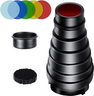 Aluminium Alloy Conical Studio Snoot Kit with 5 Pieces Color Gel Filters and Honeycomb Grid for Bowens Mount Strobe Moonlights Flash Speedlight Photography Light