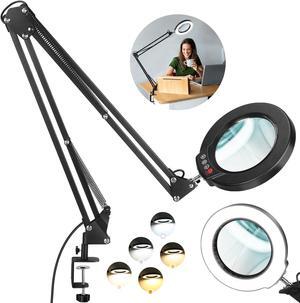 10X Large Magnifying Glass with Light and Stand, KRSTLV 2 x 16 Inch Adjustable Swivel Arm LED Desk Lamp with Clamp, 5 Color Modes Stepless Dimmable, Lighted Magnifier Hands Free for Close Work, Hobby