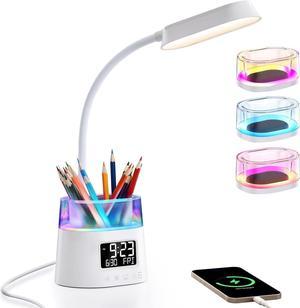 WILIT LED Desk Lamp with Pen Holder, Table Lamp with USB Charging Port & Clock, RGB Ambient Light, 3 Colors, Adjustable Brightness Study Lamp for Kids Student, Reading Light for College Dorm Room