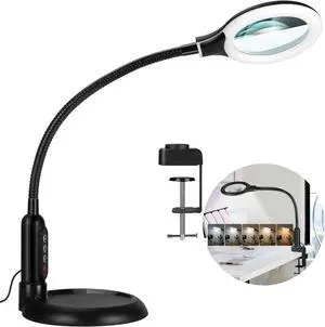 5X Magnifying Glass with Light and Clamp, 5 Color Modes Stepless Dimmable Lighted Magnifier with Stand, Flexible Gooseneck LED Desk Lamp hands Free for Craft Reading Painting Hobby Close Work