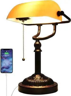 Rustic Banker's Desk Lamp Pull Chain, Traditional Bankers Desk Lamp with USB Port, Vintage Farmhouse Table Lamp for Home Office Library Rustic Banker's Desk Lamp Pull Chain, Traditional Bankers Desk Lamp with USB Port, Vintage Farmhouse Table Lamp for Home Office Library