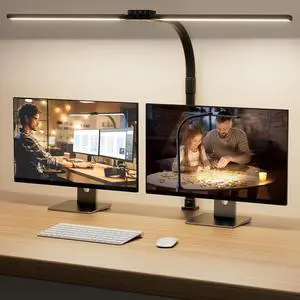 LED Desk Lamp for Home Office - Eye-Caring Computer Desk Light with Clamp, Rotatable Computer Lamp with Color Changing, Dimmable Monitor Table Lamp with Gooseneck, Double Head, Black