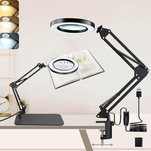 Magnifying Glass with Light and Stand, Desk Lamp with 10X Magnifying, 3 Color Modes, Dimmable Swivel Arm Magnifier Light for Crafts Workbench