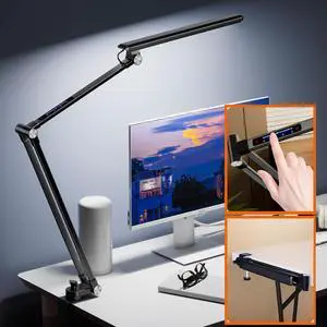 LED Desk Lamp,Dimmable 10 Color Modes 2700K-7000K & 10 Brightness,Swing Arm Table Light with Clamp,Eye-Caring Clip-on Lamps with Memory Function for Reading Work Study 700LM-Black