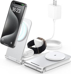 Facbiny Foldable 3-in-1 Magsafe Charger Stand with 20W Adapter, Aluminium Alloy Magnetic Wireless Charging Station for iPhone 15/14/13/12 Series, Apple Watch 2 to 9/Ultra/SE, AirPods (Silver)