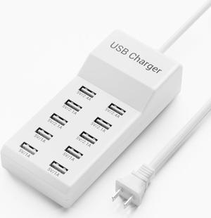 USB Charger,5V 10A(50W) USB Charging Station 10-Port USB Desktop hub Wall Charger, Suitable for iPhone/iPad/ Galaxy Note Tablet Android Smartphone Multi-Function Device(White)