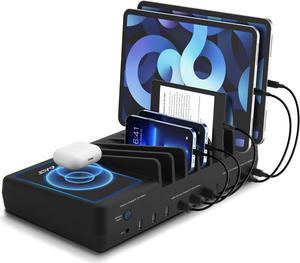 150W 10 Port USB-A USB-C with Qi Wireless Charging Station for Multiple Devices Compatible with iPhone iPad AirPods Smartphone Tablet Organizer Includes 4 USB-C to USB-C Charging Cables - Black