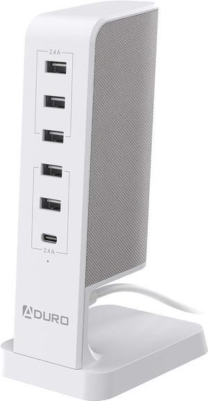 Aduro USB Charging Station for Multiple Devices [PowerUp Flair] Desktop Fast Charger 6-Port USB Hub for iPhone iPad Tablets Smartphones White/Grey