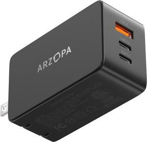 65W USB C Charger, ARZOPA GaN Fast Charger 3-Port Power Adapter Compact Foldable Plug for Smart Phone/Laptop/Tablet/Monitor/iPad/MacBook -C65