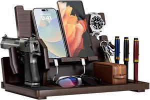 Wood Gun Rack Phone Docking Station, Nightstand Charging Organizer with Pistol Rack for Gun Safe, Key Holder Watch Wallet Stand Birthday Gift for Him Men Husband Dad Boyfriend