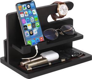 Wood Phone Docking Station Gifts for Men, Bedside Organizer Charger Holder for Nightstand, Watch Key Holder Wallet Stand for Husband Dad Boyfriend Anniversary Birthday Gift, Black