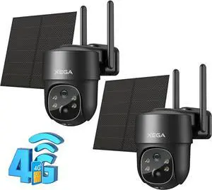 Xega 4G LTE Cellular Security Camera Solar with SIM Card2 Pack Wireless Outdoor No WiFi Security Camera,2K HD PTZ Night Vision Motion Detection 2 Way Talk TF&Cloud Storage IP66, Built-in SIM Card
