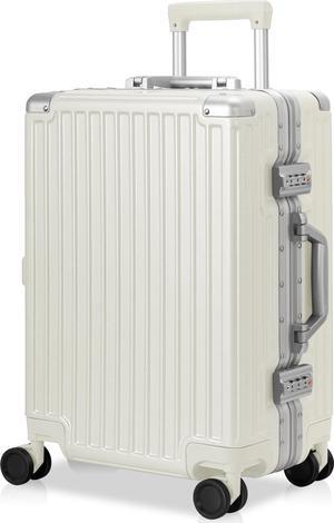 Carry-On Luggage, Aluminum Frame PC ABS Hard Shell, Wheeled Suitcase with TSA Lock, No-Zipper Design, 20 inches White