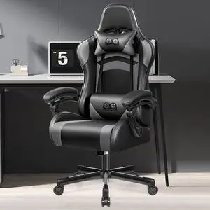 Primy Ergonomic Gaming Chair, PU Leather Racing Style Game Office Chair, Adjustable Backrest Swivel Ergonomic Gamer Chair Computer Chair with Headrest and Lumbar Support, Home Office Chai Black / Grey