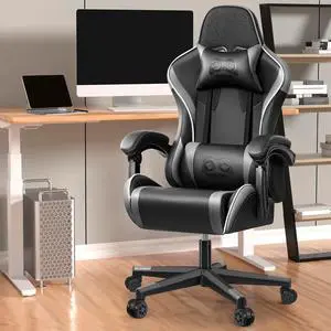 Primy Ergonomic Racing-Style Gaming Chair for Computer Gamers - Adjustable High Back with Lumbar Support, 360° Swivel Functionality, Perfect for Office Desks Black / Grey