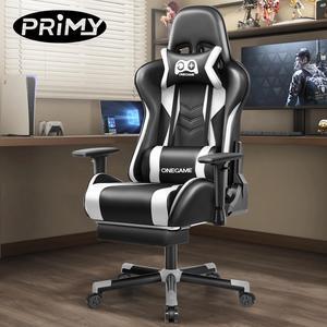 Primy Premium Adult Gaming Chair: 3D Adjustable Armrests, Integrated Footrest & Lumbar Support Pillow, Tilt Lock Mechanism, Ergonomic PU Gamer Chair for Office or Gaming Black / White