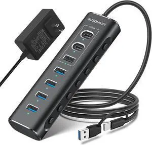 Powered USB Hub, Rosonway 7-Port USB 3.2/USB C Hub with 10Gbps USB-A 3.2, 2 USB-C 3.2, 4 USB 3.0 Ports, Individual Switches and 12V Power Adapter, Aluminum USB Port Expander for Laptop/PC, RSH-A107C