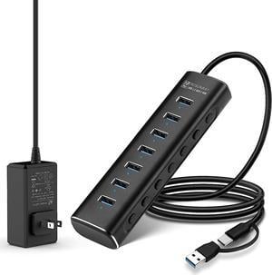 Powered USB Hub, Rosonway 7 Ports USB 3.1/3.2 Gen 2 Hub 10Gbps with 3.3ft USB-A/USB-C Data Cable, Individual Switches and 24W Power Adapter, Aluminum USB C Hub for Laptop and PC, RSH-A107