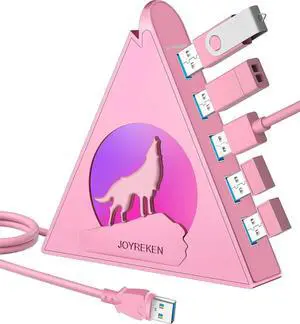JoyReken Howling Wolf USB Hub - 7 USB 3.0 Ports - Pink - Plug and Play - 2ft/1.2m Long Cable, for Laptop, PC, Flash Drive, HDD, Console, Printer, Keyborad, Mouse and More(Charging Not Supported)