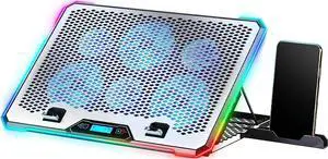 KYOLLY Aluminum Alloy Laptop Cooling PadRGB Gaming Laptop Cooler with 6 Quiet Cooling Fans for 15.6-17.3 inch laptops, 9 Height Stand, LCD Screen, 4 USB Ports with 1 3.0HUB 2 2.0HUB, Lap Desk Use