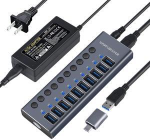 Powered USB Hub, USB-C Adapter 10 Port Data USB Hub aus Zum Laden und zur with 3ft Extended Cable,Charging Not Supported, Mehrfach Ports USB 3.0 Verteiler mit NetzteilMac Pro, Mobile HDD