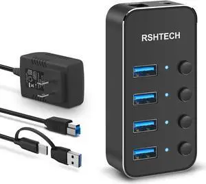 USB 3.0 Hub RSHTECH 4 Port Powered USB 3.0/USB C Hub Upgraded Version with 2-in-1 3.3ft USB Cable,5V Power Adapter and Individual Switches, Portable Aluminum USB Splitter for Laptop and PC, RSH-ST04