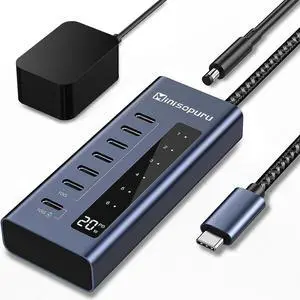 Minisopuru Powered USB C Hub, 7 in 1USB C Hub Powered Support 10Gbps Data & Fast Charging(Not Support Video), USB-C to USB-C Hub for MacBook Pro/Air, iMac,iPad, Phone, Chromebook, etc.Type-C Devices