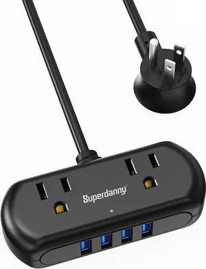 Power Strip with USB, SUPERDANNY Mini Surge Protector with 2 Wide-Spaced Outlets & 4 USB Ports, 5 Ft Extension Cord, Flat Plug, Compact Size Desktop Charging Station for Travel, Home, Office, Black