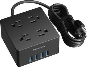 5ft Power Strip, SUPERDANNY Surge Protector 900 Joules, 4-Outlet 4-USB Extension Cord, Overload Switch, Grounded, Mountable, Desktop Charging Station for Home, Office, School, Dorm, Computer, Black 5ft Power Strip, SUPERDANNY Surge Protector 900 Joules, 4-Outlet 4-USB Extension Cord, Overload Switch, Grounded, Mountable, Desktop Charging Station for Home, Office, School, Dorm, Computer, Black