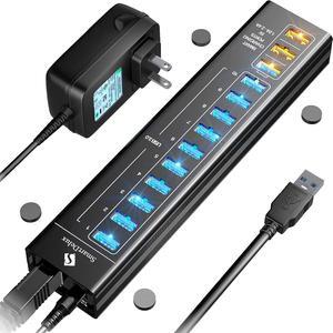 SmartDelux Powered USB Hub - 13-Port USB 3.0 Hub with 10 USB 3.0 Ports, 3 Smart Charging Ports, Power Adapter, Long Cord, LEDs - Black Aluminum