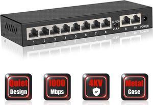 10 Ports Gigabit Ethernet Switch Unmanaged, 8 Gigabit Ports+2Gigabit Uplink Ports, Network Switch,Ethernet Splitter| Plug & Play| Fanless Metal Design| Shielded Ports| Traffic Optimization