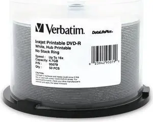 Verbatim DVD-R Blank Discs 4.7GB 16X DataLifePlus White Inkjet Printable Recordable Disc Hub Printable - 50pk Spindle 95079