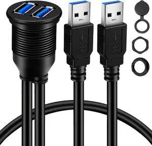 BATIGE 2 Ports Dual USB 3.0 Male to USB 3.0 Female AUX Flush Mount Car Mount Extension Cable for Car Truck Boat Motorcycle Dashboard Panel 1ft