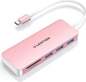 LENTION USB C Hub with 3 USB 3.0 & SD/Micro SD Card Reader Compatible 2023-2016 MacBook Pro, New Mac Air/iPad Pro/Surface, More, Stable Driver Certified Type C Adapter (CB-C15, Rose Gold)