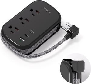USB C Travel Power Strip, Ultra Flat Extension Cord, Flat Plug Power Strip, 3 Outlets with 3 USB Ports(2 USB C), 3.2ft Wrapped Around Extension Cord for Cruise Ship, Travel Essentials, Black
