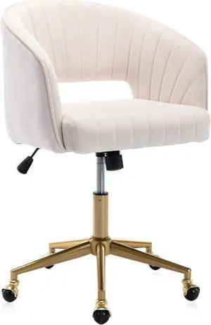 Velvet Office Desk Chair, Modern Home Desk Chair with Wheels & Gold Base, Swivel Vanity Chair for Bedroom, Office, Vanity Study (Beige)