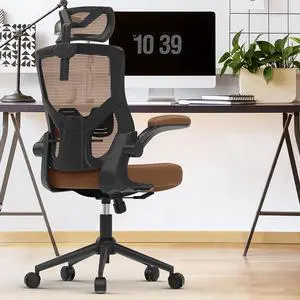 , Ergonomic Mesh Desk Chair, High Back Computer Chair- Adjustable Headrest with Flip-Up Arms, Lumbar Support, Swivel Executive Task Chair (Mummy Brown, Modern)