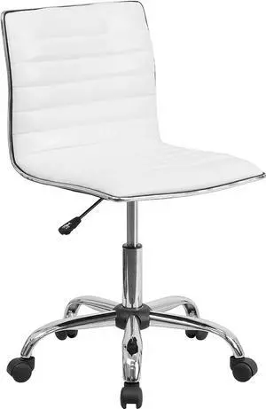 Flash Furniture Alan Low-Back Ribbed Upholstered Vinyl Swivel Desk Chair with Padded Seat, Modern Adjustable Height Padded Office Chair, White