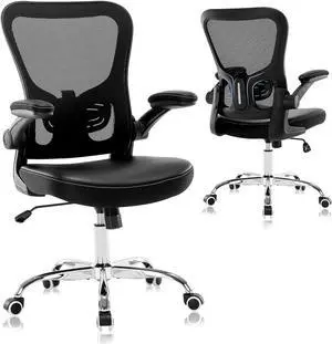 X XISHE Office Chair Ergonomic Desk Chair,Mesh Computer Gaming Chair,Home Office Desk Chairs,Executive Task Chair,Adjustable Height PU Leather Flip-up Armests Swivel Rolling Wheels Chair,Black