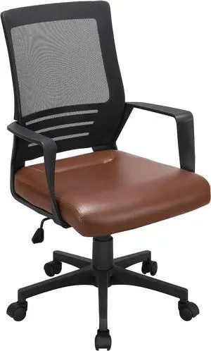 Yaheetech Ergonomic Home Office Chair Leather and Mesh Combine Desk Chair Rolling Swivel Adjustable Mesh Chair with Lumbar Support and Armrests for Office and Home, Brown