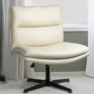 LEMBERI PU Leather Armless Office Desk Chair No Wheels,Criss Cross Legged Home Office Wide Padded Swivel vanity chair,120°Rocking Mid Back Ergonomic Computer Task Chair for Make Up,Small Space