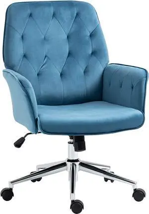 Vinsetto Modern Mid-Back Tufted Velvet Home Office Desk Chair with Adjustable Height, Swivel Adjustable Task Chair with Padded Armrests, Blue