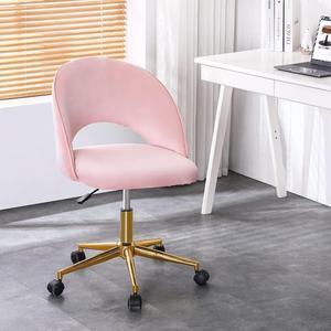 Furniliving Velvet Home Swivel Office/Computer Chair with Wheels, Armless Cute Desk Upholstered Task Chair with Gold Metal Base, Adjustable Accent Chair for Living Room Makeup Room (Pink)
